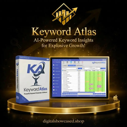 Gold-framed digital display showing keyword atlas software interface with blue and white box to uncover high-value keywords