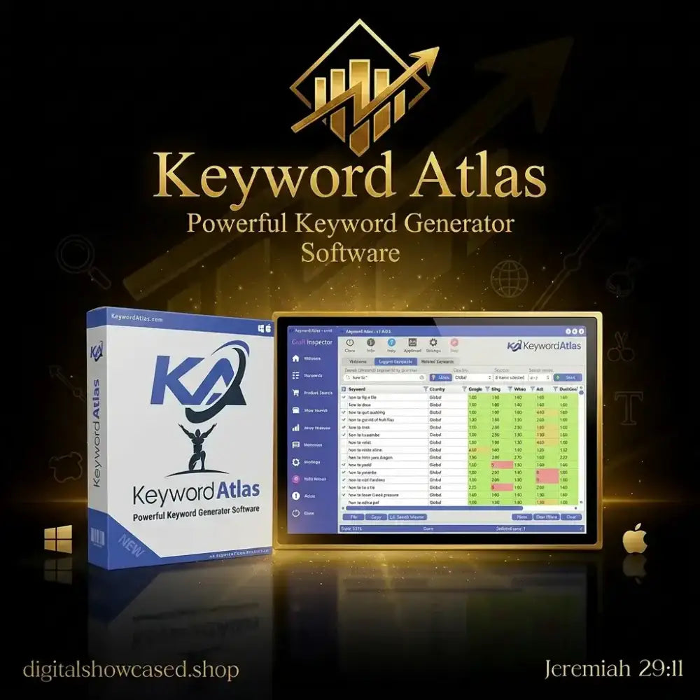 Keyword Atlas software package with packaging and computer screen displaying software interface on a dark background.