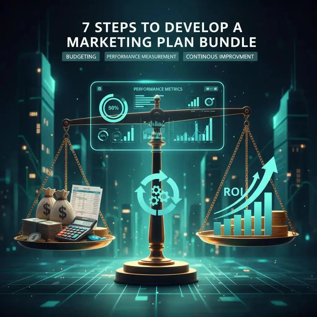 Digital illustration of a balance scale with money, calculator, and performance metrics against a cityscape background.