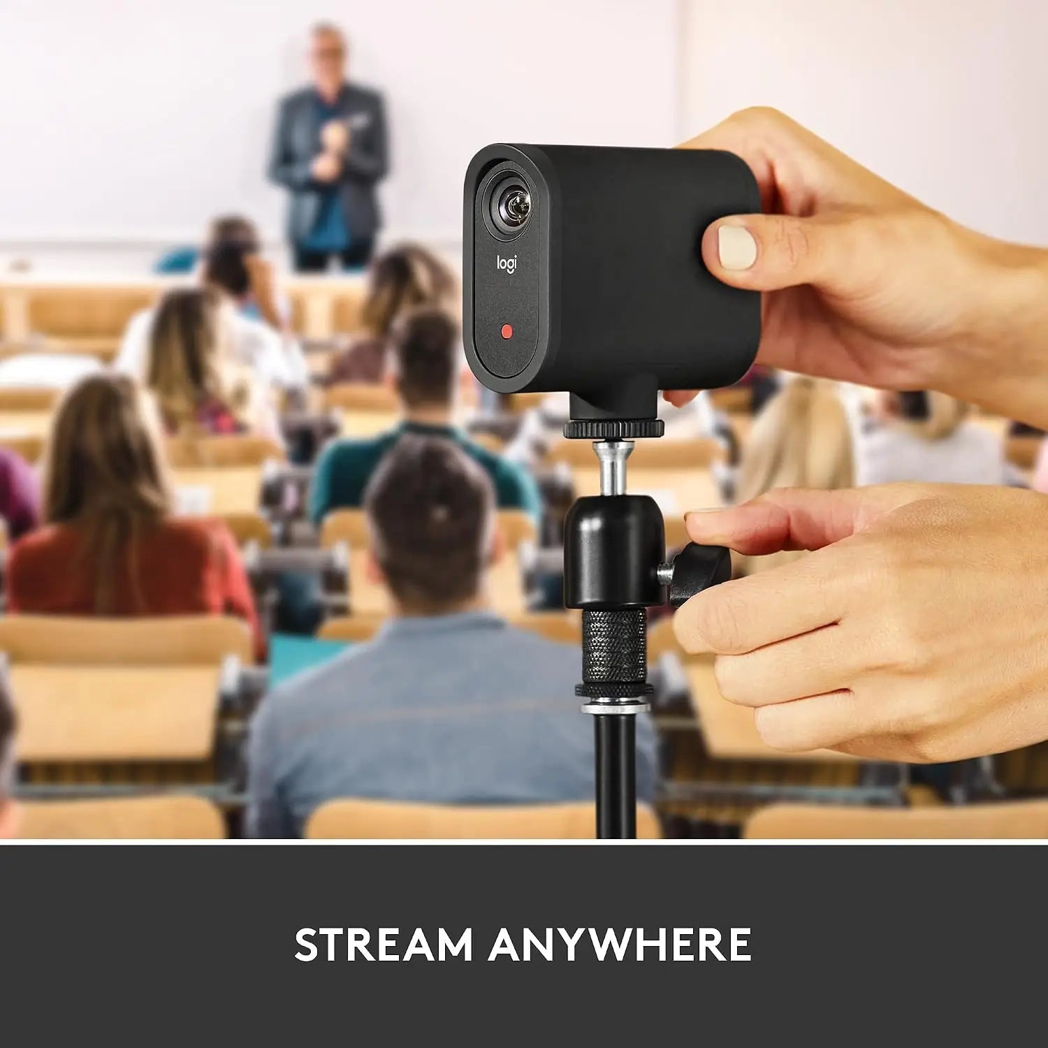 Black logitech streamcam on tripod with compact body and lens for live streaming and video capture use in mevo start 3-pack