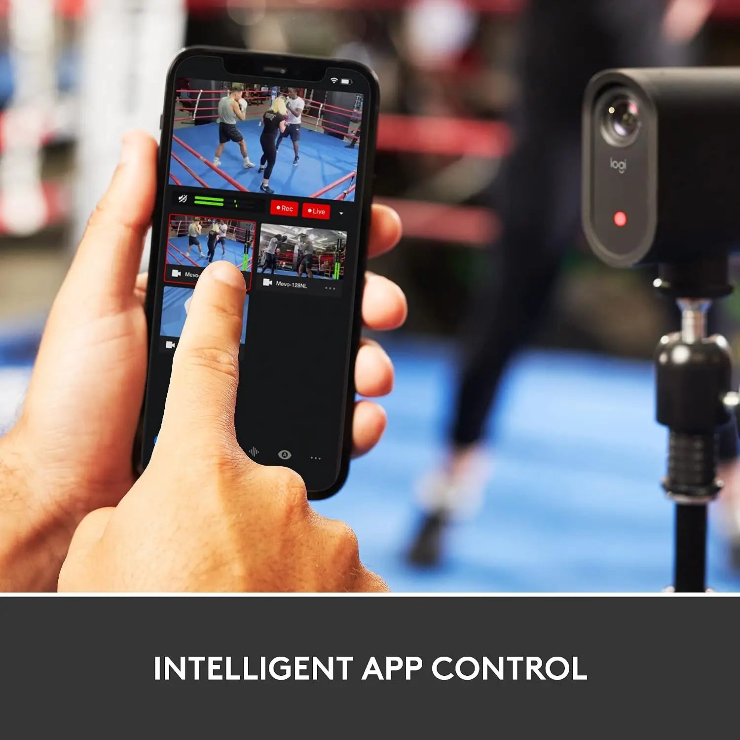 Black logitech mevo start wireless live streaming camera on tripod for multi camera video capture with app control