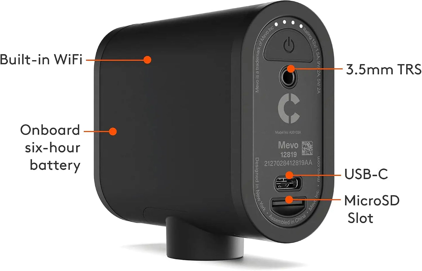 Black mevo s3 wireless video capture device back panel with usb-c 3.5mm trs and flash memory microsd slot for live streaming