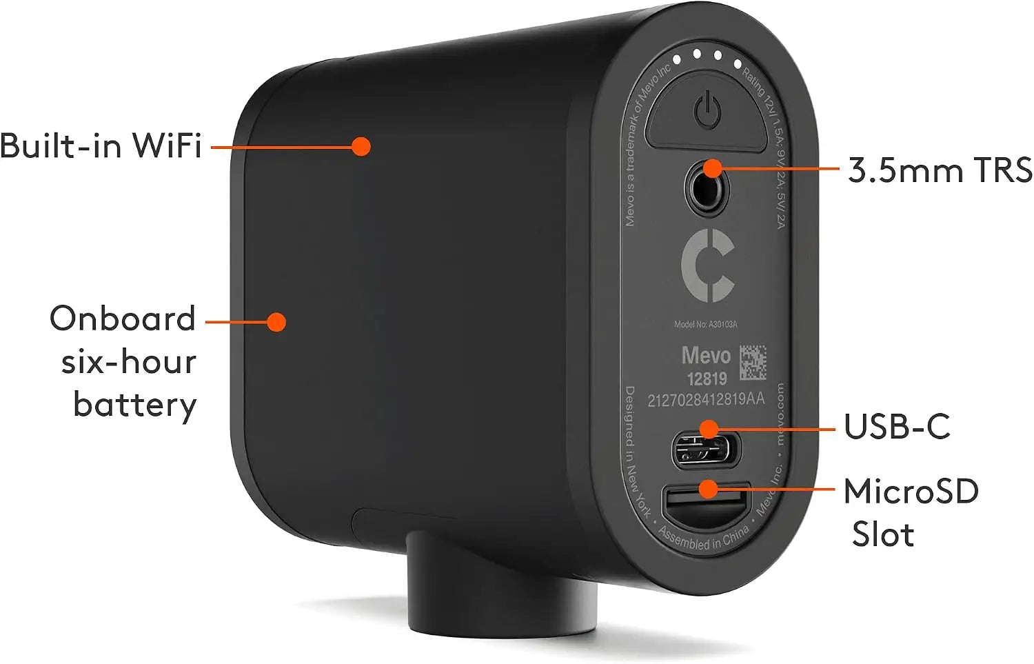 Black mevo s3 wireless video capture device back panel with usb-c 3.5mm trs and flash memory microsd slot for live streaming