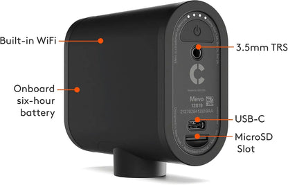 Black mevo s3 wireless video capture device back panel with usb-c 3.5mm trs and flash memory microsd slot for live streaming