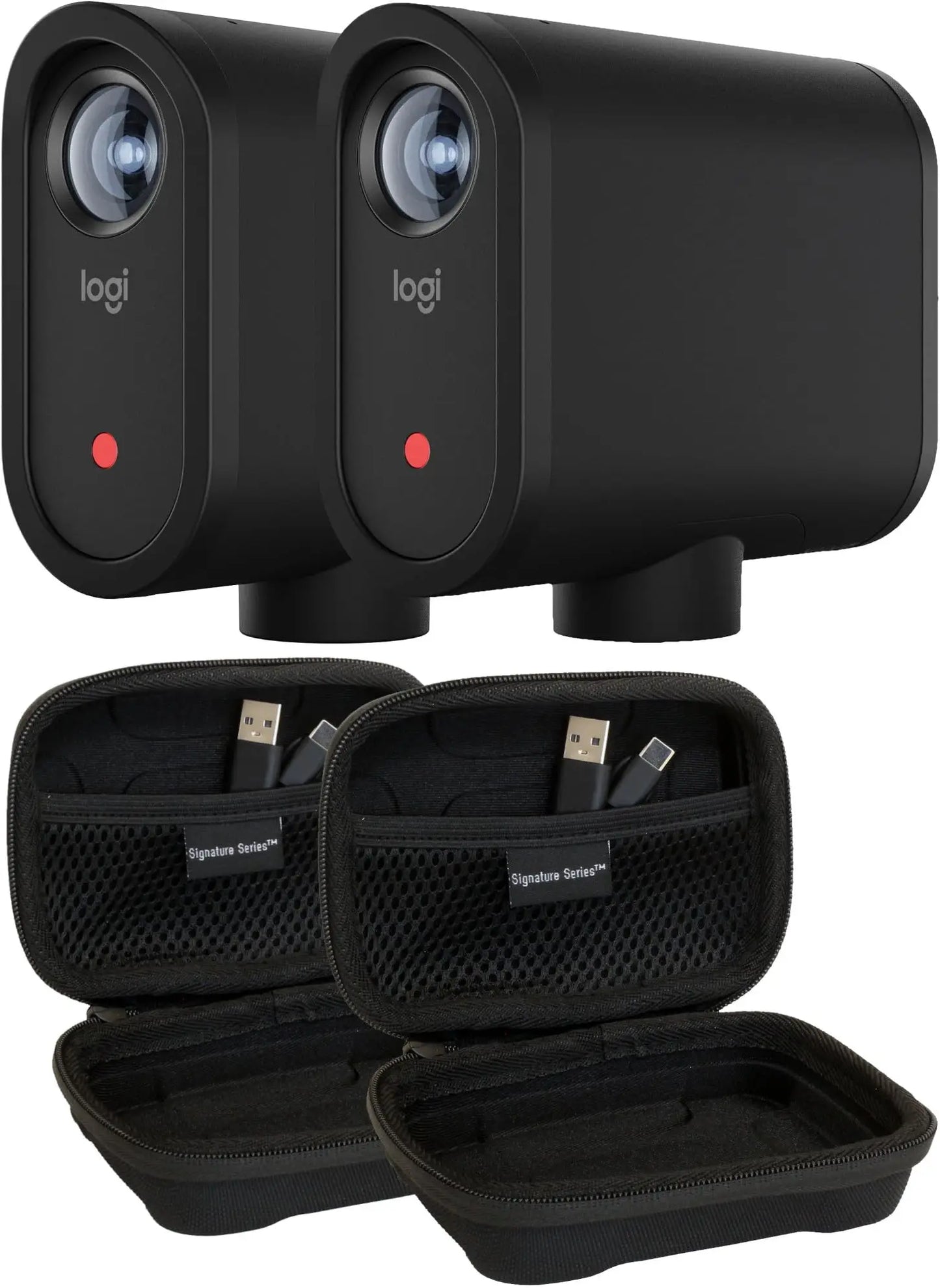 Black logi signature series mevo start 3-pack wireless live streaming cameras with red lights and matching protective cases for hd video capture