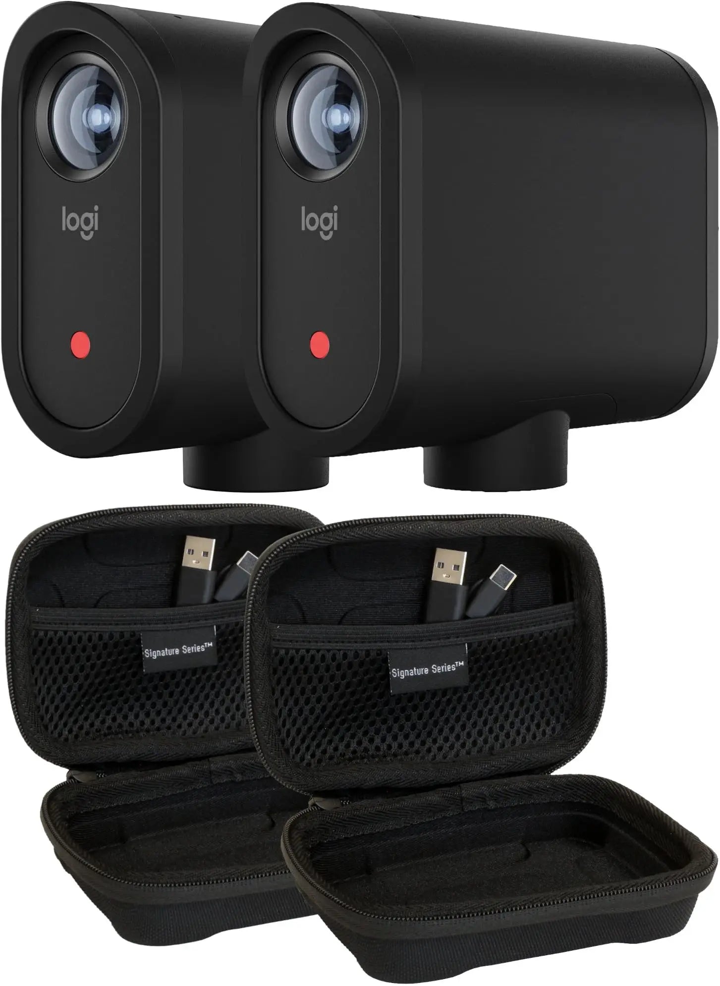 Black logi signature series mevo start 3-pack wireless live streaming cameras with red lights and matching protective cases for hd video capture