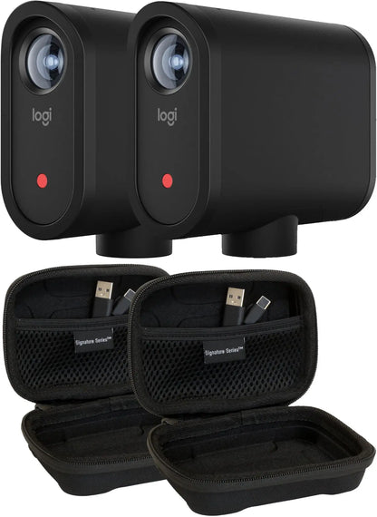 Black logi signature series mevo start 3-pack wireless live streaming cameras with red lights and matching protective cases for hd video capture