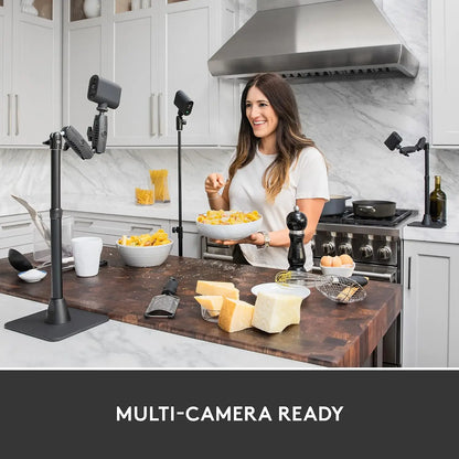 Black mevo start 3-pack wireless live streaming cameras with adjustable arms for multi-camera hd video capture