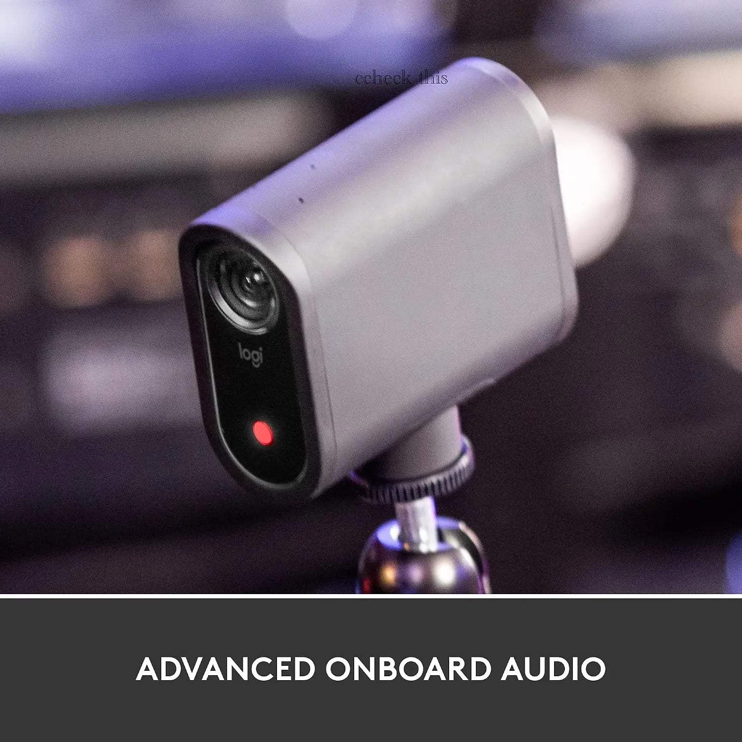 Silver logitech mevo start live streaming camera with black lens housing and red indicator light for video capture