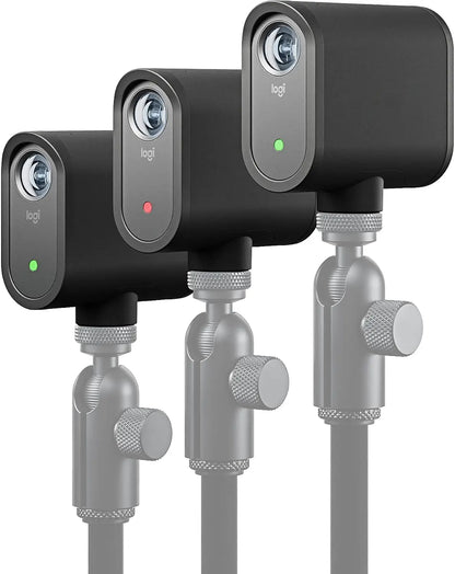 Black logitech webcam with sleek rectangular design and circular lens for live streaming and video capture use