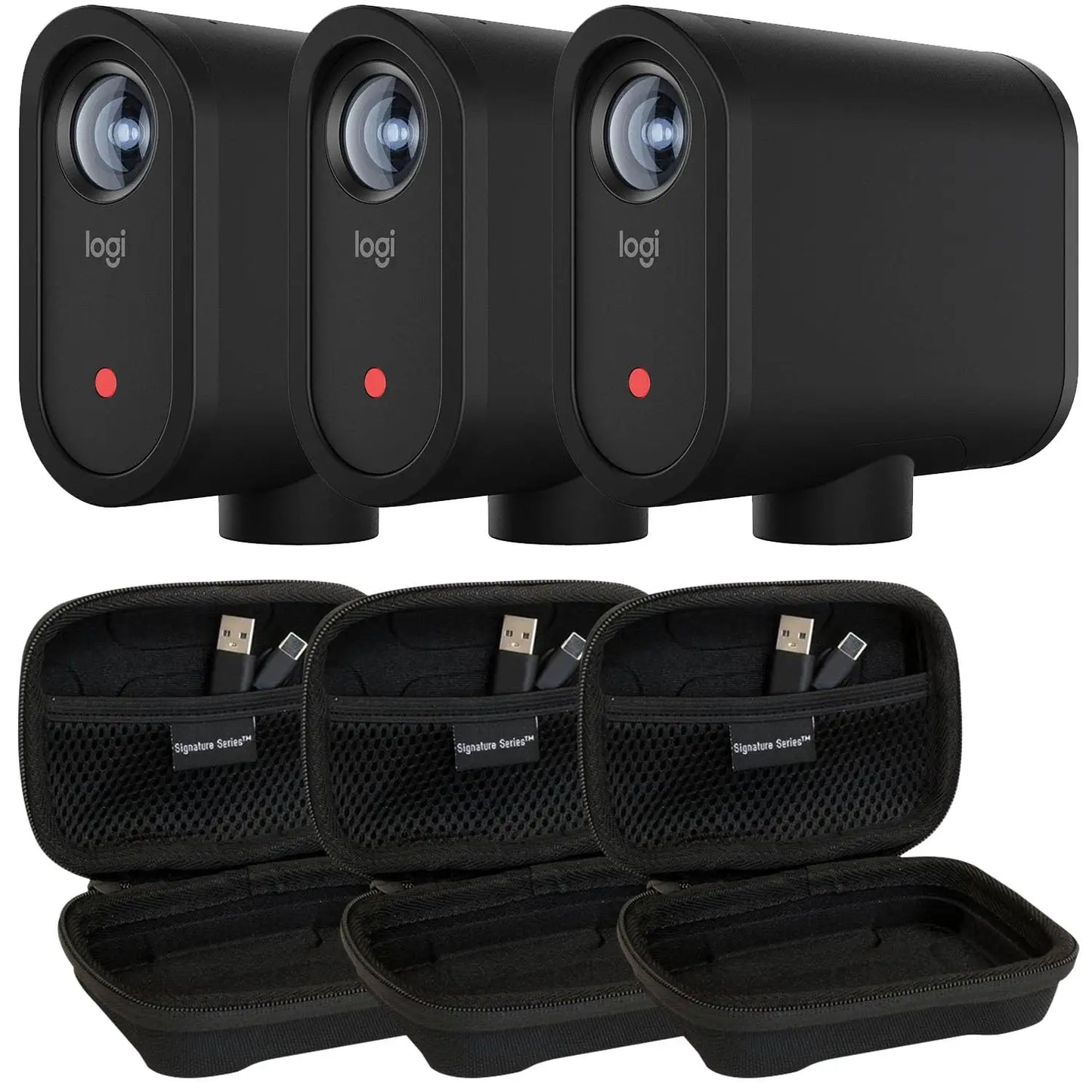 Three black logi mevo start wireless live streaming cameras with red lights and protective signature series cases for video capture