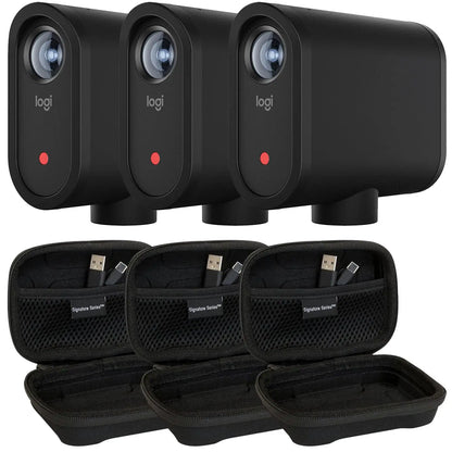 Three black logi mevo start wireless live streaming cameras with red lights and protective signature series cases for video capture