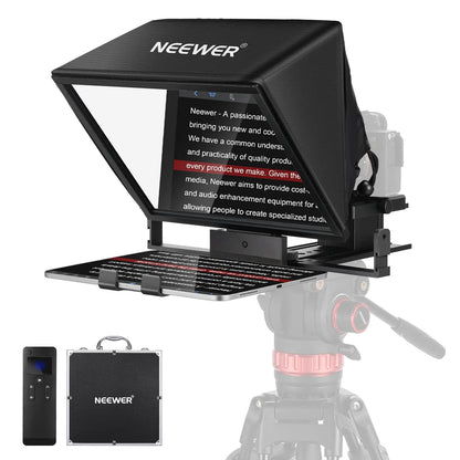 Neewer x11 2 in 1 teleprompter with glossy black monitor screen and adjustable tray compatible devices and item weight info