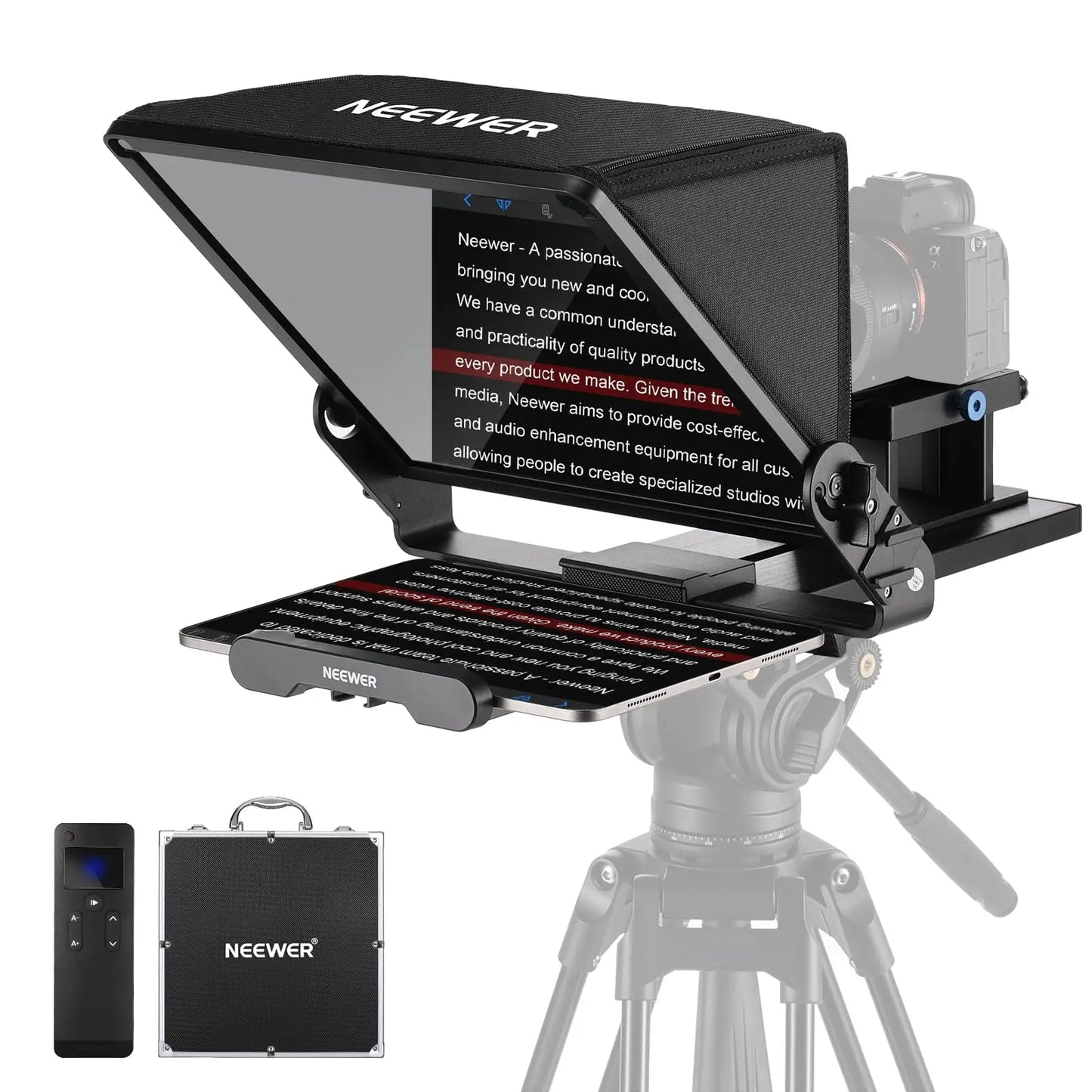 Black neewer x11 11 inch teleprompter with glossy black adjustable stand built-in light and compatible devices features item weight