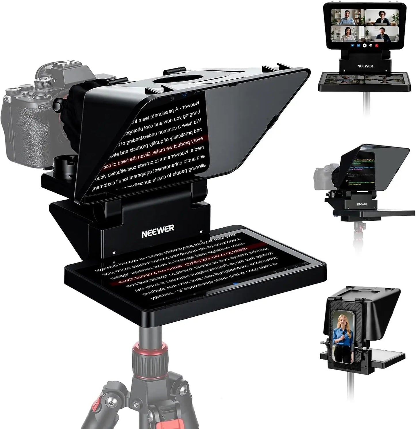 Black neewer x11 2 in 1 teleprompter with glossy black monitor, adjustable stand, tripod mount, and compatible devices support