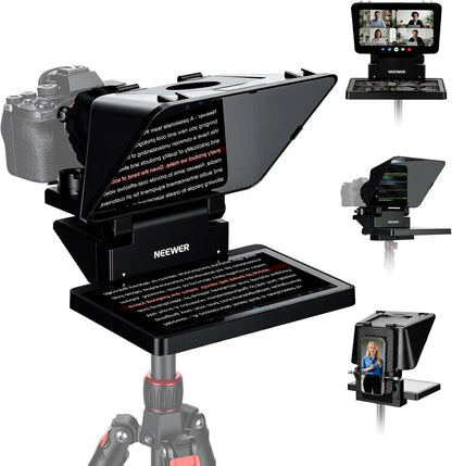 Black neewer x11 2 in 1 teleprompter with glossy black monitor, adjustable stand, tripod mount, and compatible devices support