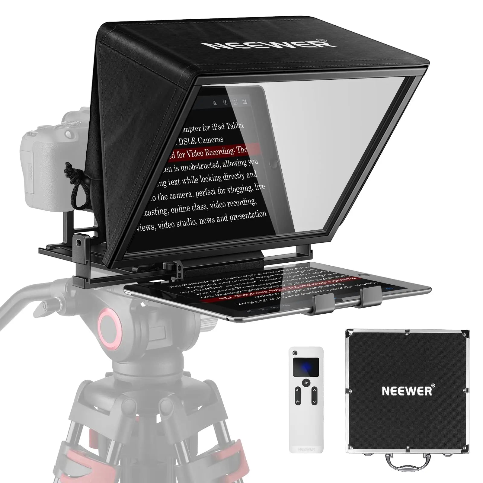 Neewer x11 2 in 1 teleprompter with glossy black monitor hood transparent screen and adjustable tray for compatible devices