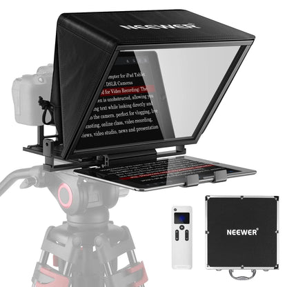 Neewer x11 2 in 1 teleprompter with glossy black monitor hood transparent screen and adjustable tray for compatible devices