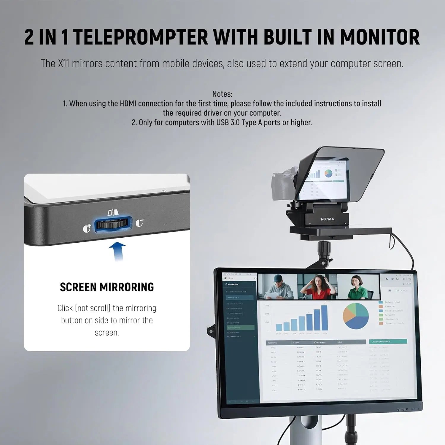 Neewer x11 2 in 1 teleprompter glossy black with silver frame features built in 11 inch monitor supports screen mirroring compatible devices item weight lightweight