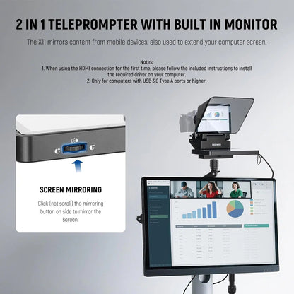 Neewer x11 2 in 1 teleprompter glossy black with silver frame features built in 11 inch monitor supports screen mirroring compatible devices item weight lightweight