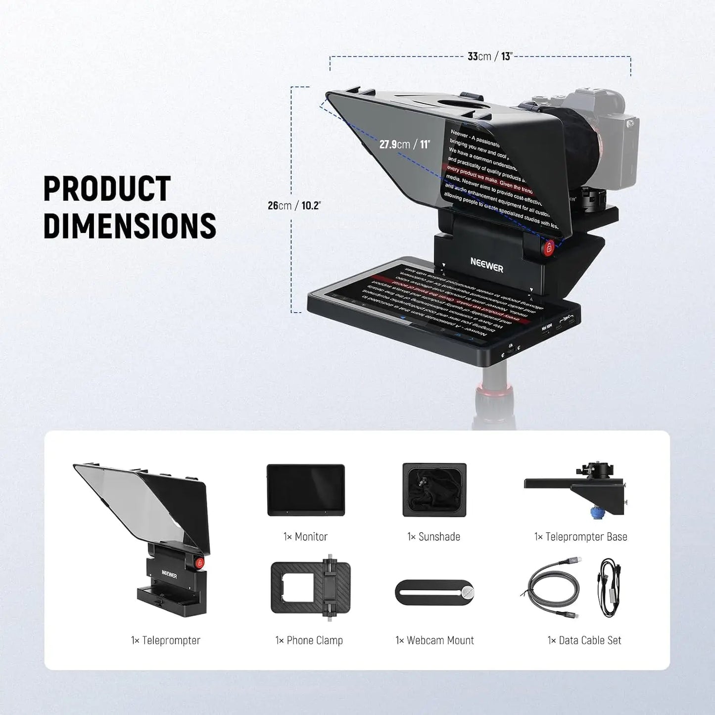 Black neewer glossy black 11 inch teleprompter with angled reflective screen and monitor base supports screen mirroring and compatible devices