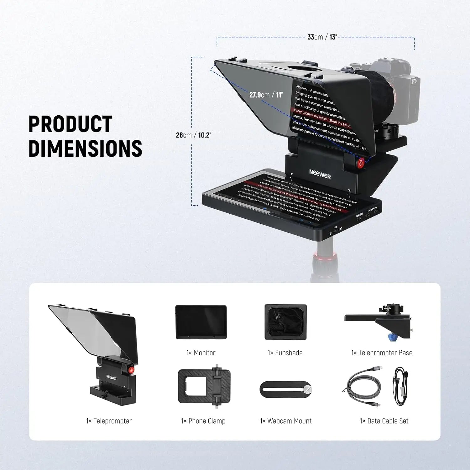 Black neewer glossy black 11 inch teleprompter with angled reflective screen and monitor base supports screen mirroring and compatible devices