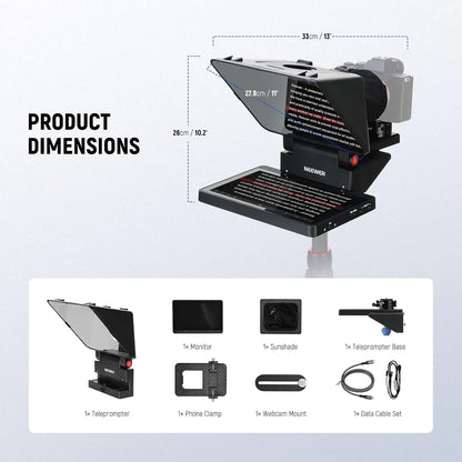 Black neewer glossy black 11 inch teleprompter with angled reflective screen and monitor base supports screen mirroring and compatible devices