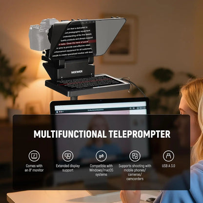 Black neewer x11 2 in 1 glossy black teleprompter with 11 inch monitor, adjustable arms, supports screen mirroring, item weight included