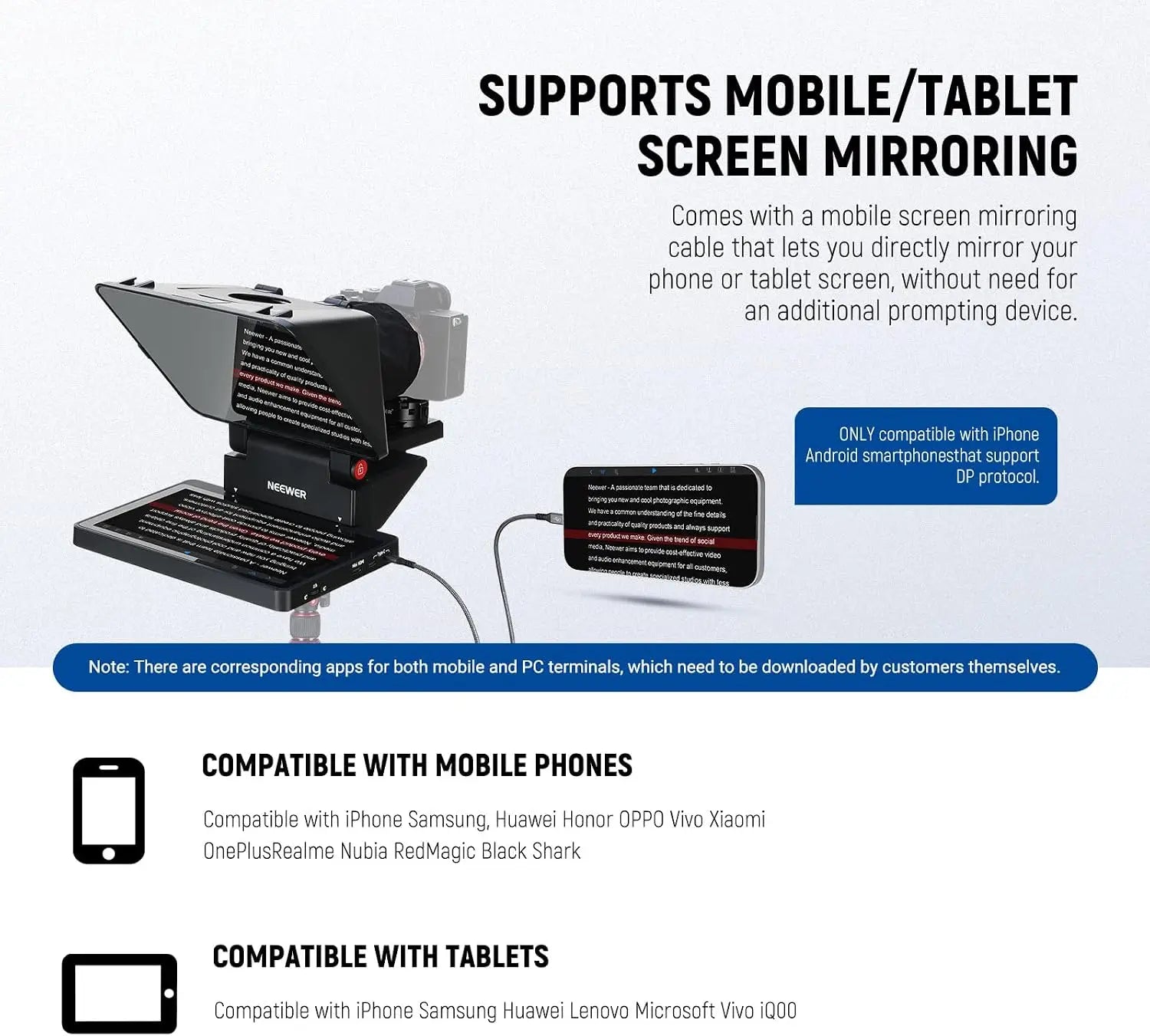 Black neewer x11 2 in 1 teleprompter with glossy black finish, angled monitor, attached cable, and screen mirroring for compatible devices