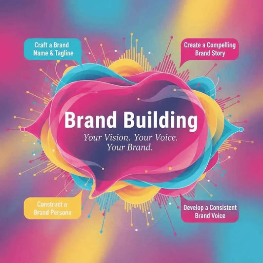 Vibrant Brand Building Course bundle graphic with pink and blue speech bubbles outlining brand identity steps.