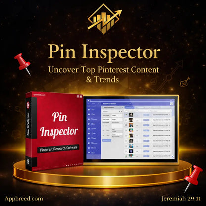 Red boxed pin inspector pinterest keyword research tool with gold-trimmed screen showing pinterest data to stop guessing