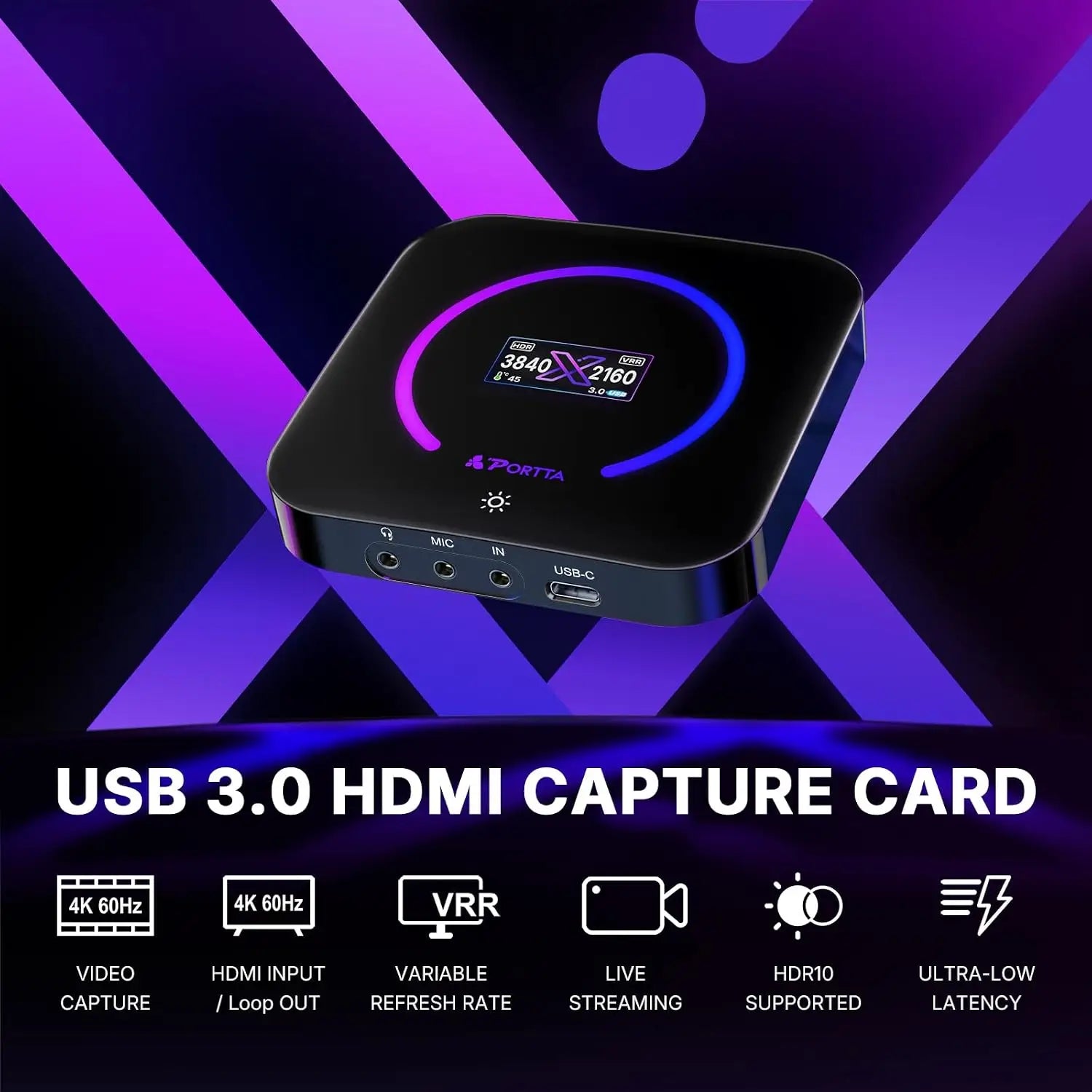Black porttia dx20r usb 3.0 video capture card with glowing led and multiple ports supporting 1080p 240hz recording