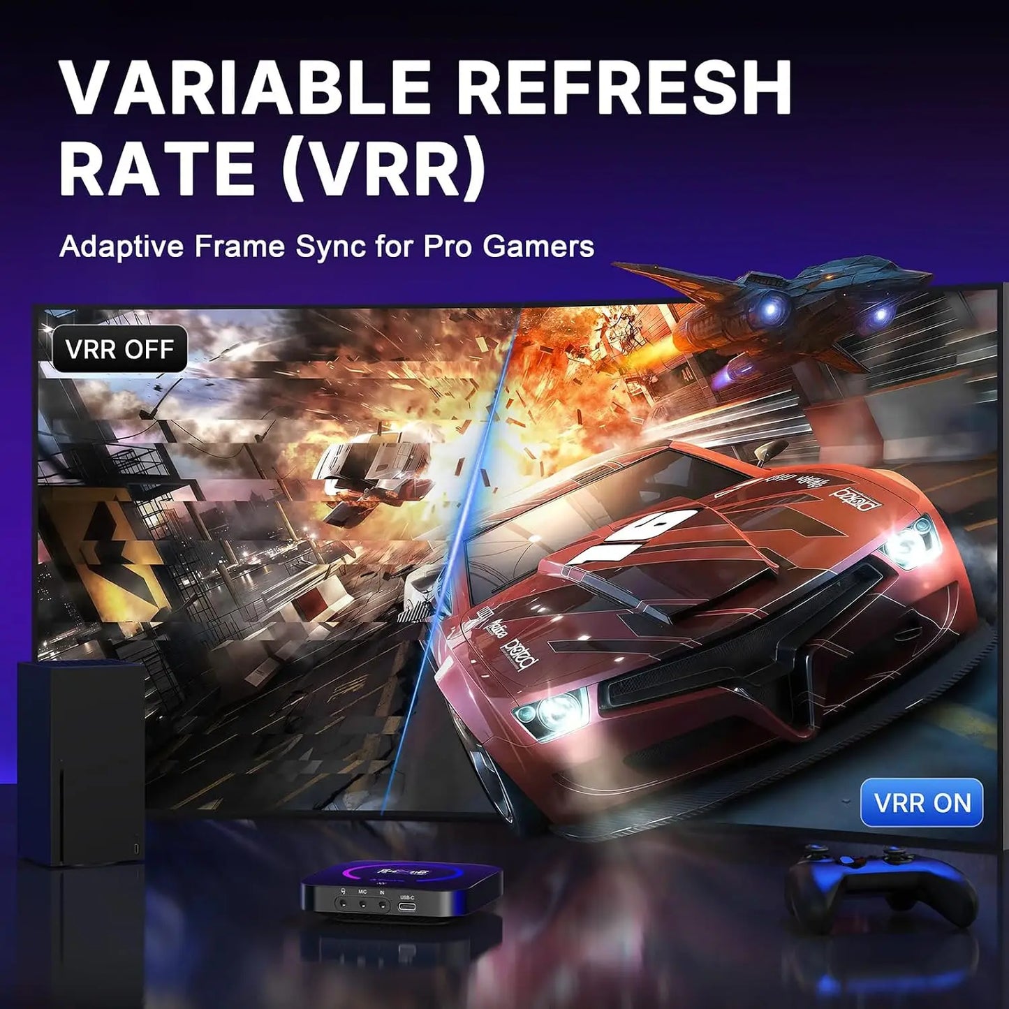 Black and purple dx20r video capture card with glowing logo supports 1080p 240hz for high quality streaming and recording