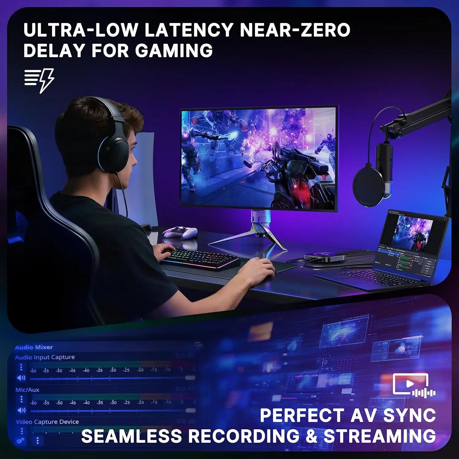 Black over-ear gaming headset with padded earcups and headband for ultra-low latency use with dx20r video capture 1080p 240hz