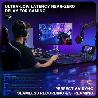 Black over-ear gaming headset with padded earcups and headband for ultra-low latency use with dx20r video capture 1080p 240hz