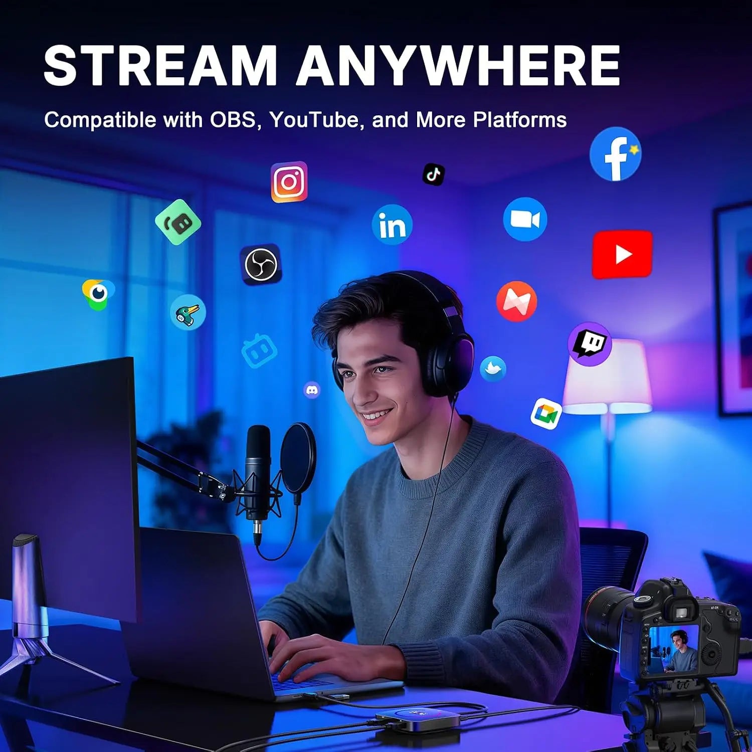 Black over ear headphones with padded earcups shown alongside dx20r video capture card supporting 1080p 240hz passthrough