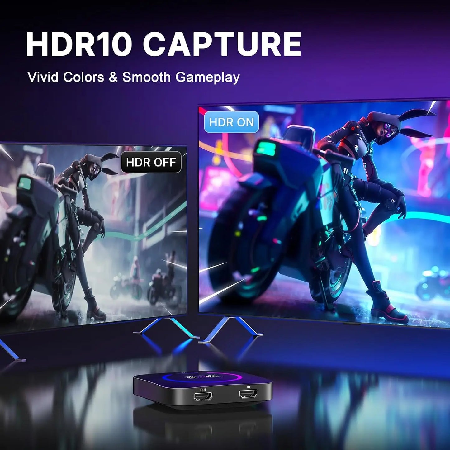 Black and silver dx20r video capture box with glowing purple light supports 1080p 240hz passthrough and 4k 60hz recording