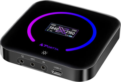 Black portta dx20r video capture box with glowing purple blue led showing 1080p 240hz hdmi output details