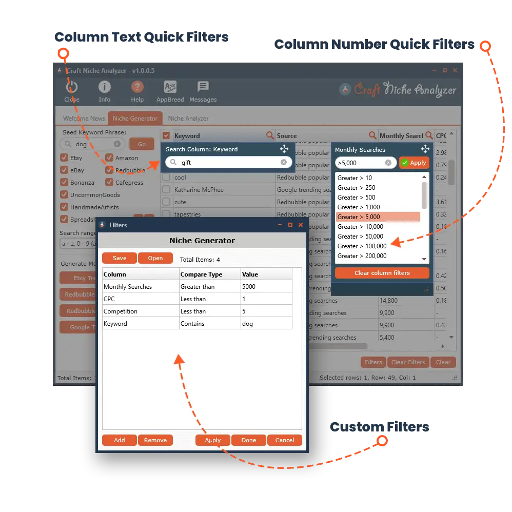 The profitable niche research tool by appbreed tools shows a powerful desktop craft niche analyzer with filters for hidden opportunities