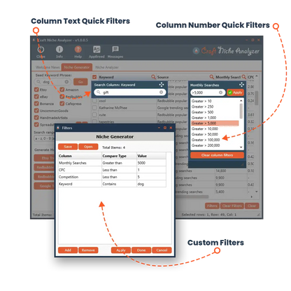 The profitable niche research tool by appbreed tools shows a powerful desktop craft niche analyzer with filters for hidden opportunities