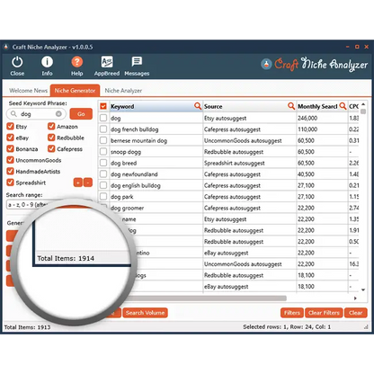 The profitable craft niches tool appbreed shows a powerful desktop interface with hidden opportunities for dog keywords