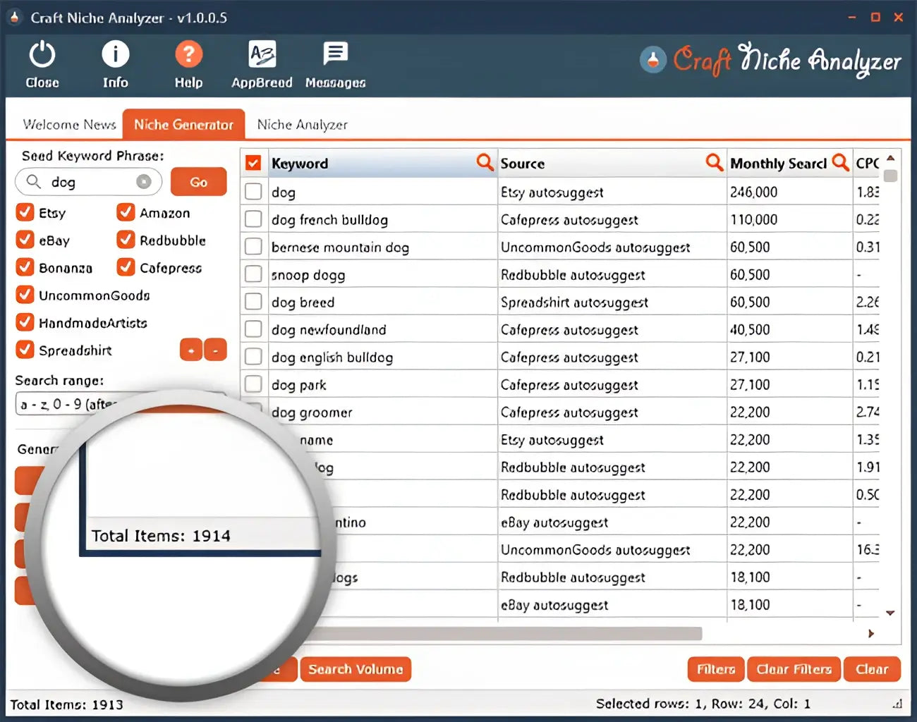 The profitable craft niches tool appbreed shows a powerful desktop interface with hidden opportunities for dog keywords