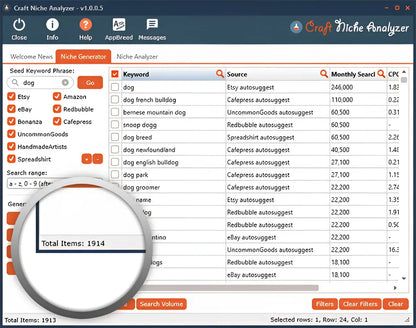 The profitable craft niches tool appbreed shows a powerful desktop interface with hidden opportunities for dog keywords
