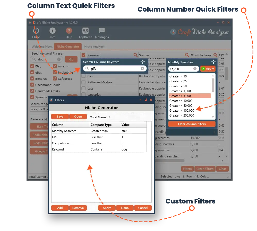 The profitable niche research tool by appbreed tools shows a powerful desktop craft niche analyzer with filters for hidden opportunities