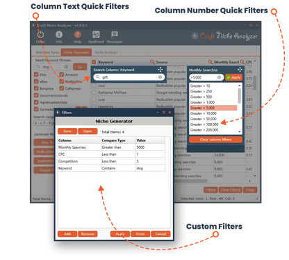 The profitable niche research tool by appbreed tools shows a powerful desktop craft niche analyzer with filters for hidden opportunities