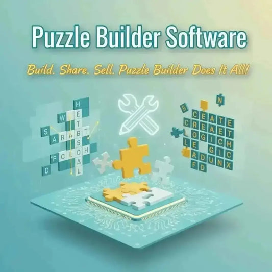 Puzzle Builder Software interface showing 3D golden puzzle pieces on a circuit board with word search and crossword tools.