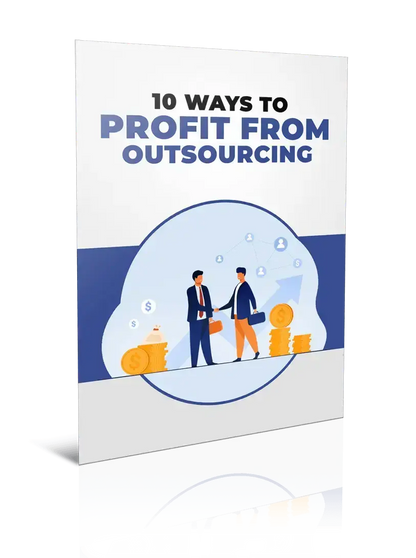 Brochure cover titled '10 Ways to Profit from Outsourcing' with an illustration of two business people shaking hands.