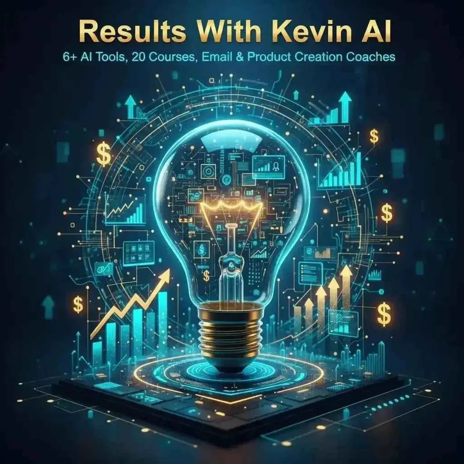 Glowing blue gold bulb with AI circuitry, Unlock Results With Kevin AI advanced ai tools