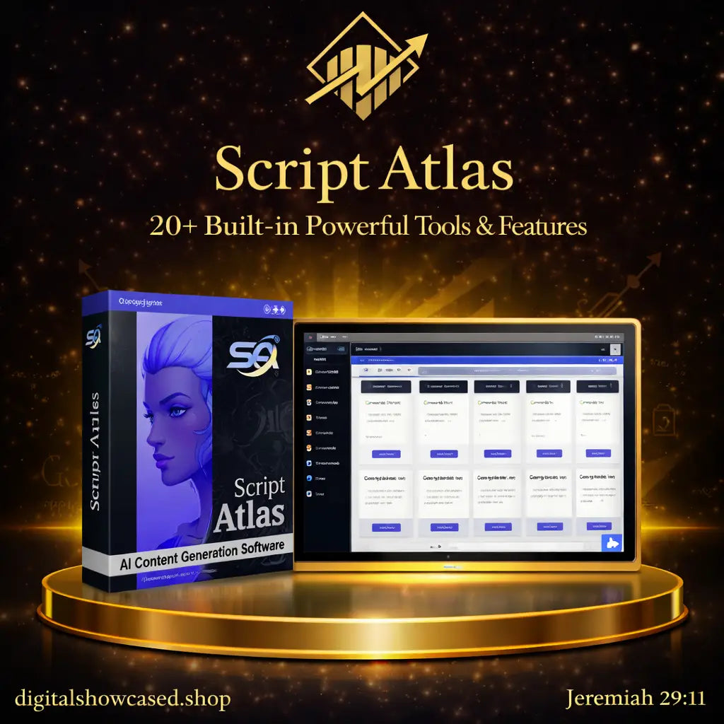 Script Atlas AI content creation software box and tablet displaying the keyword tool dashboard on a gold podium.