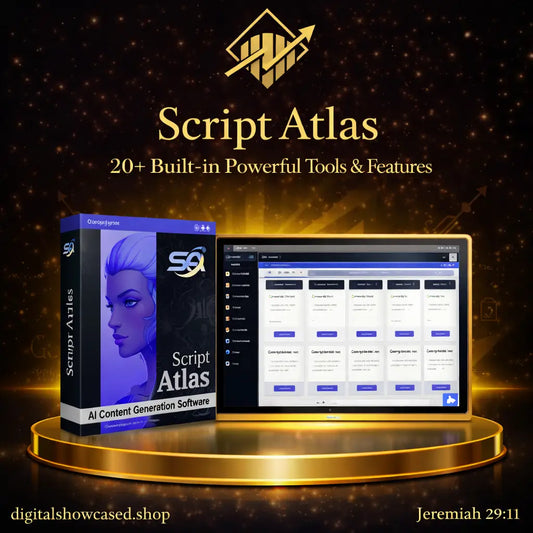 Script Atlas AI content creation software box and tablet displaying the keyword tool dashboard on a gold podium.